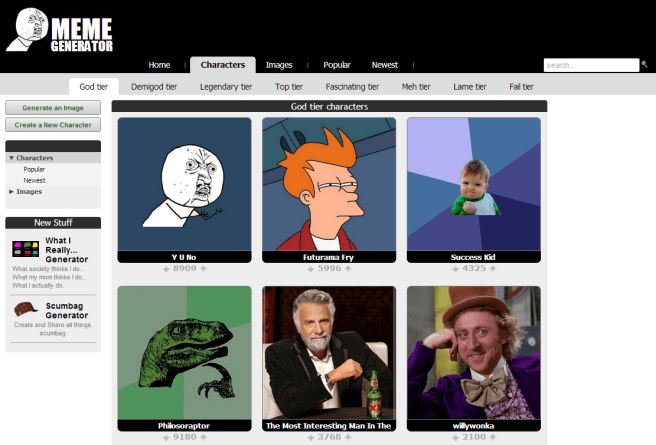 The God tier (i.e. most popular) characters at on the website Meme Generator as of February 23rd, 2013. Click for link to site. 